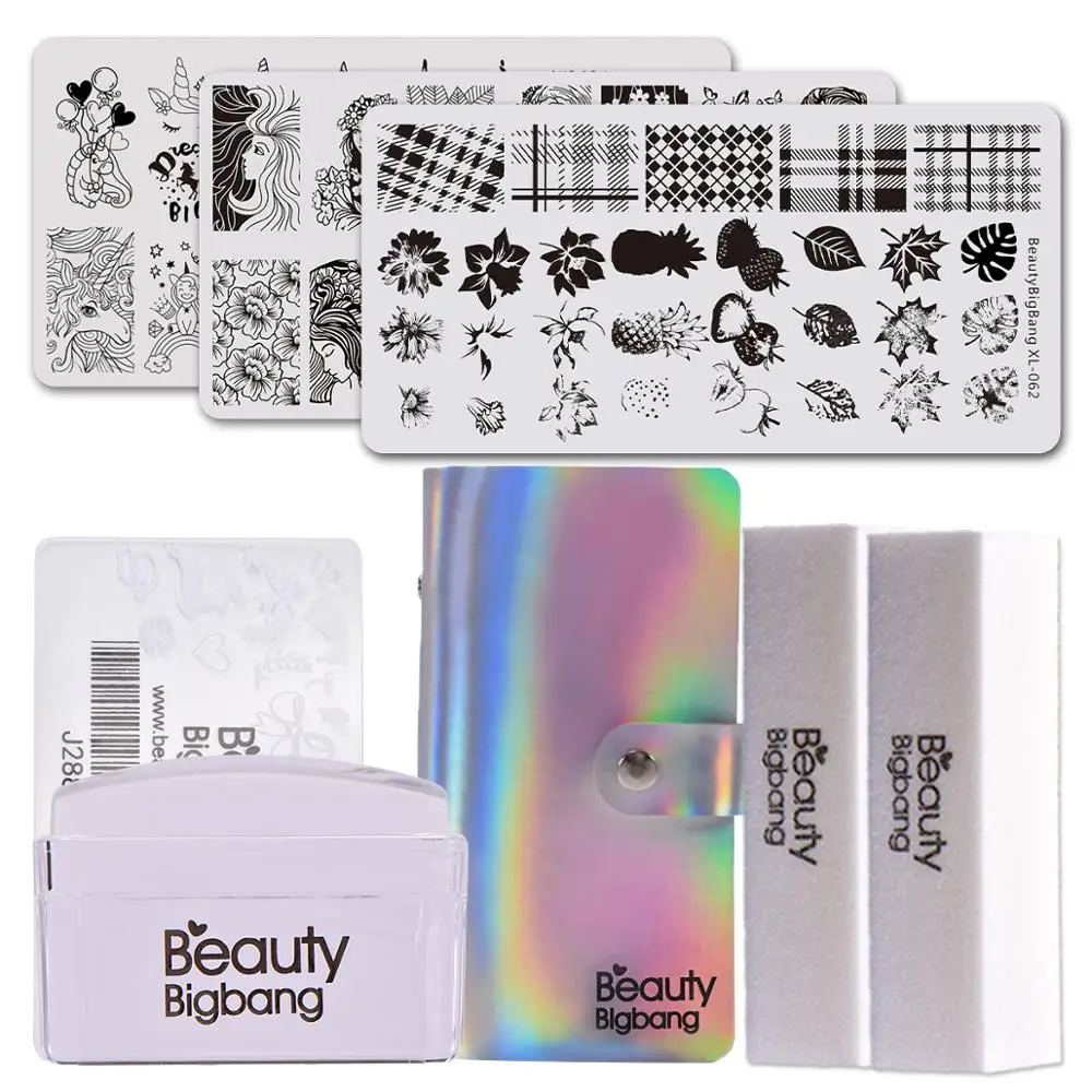 Beautybigbang пластины для штамповки ногтей набор 3 шаблонов+ штамп для ногтей+ штамповка пластин сумка+ пилочка для ногтей Аксессуары для инструментов