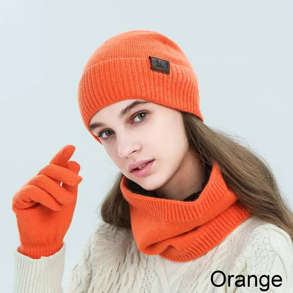 orange Высокое качество зимняя шапка шарф перчатки набор для мужчин Повседневная Теплая Шапка мягкая удобная кольцо шарф Сенсорный экран перчатки унисекс 3 шт - Цвет: orange