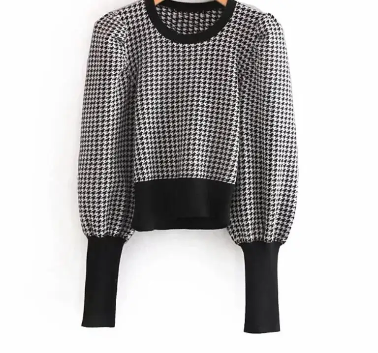 new women vintage houndstooth pattern puff sleeve casual sweater ladies basic o neck knitted pullover autumn chic tops plaid new women vintage houndstooth pattern puff sleeve casual sweater ladies basic o neck knitted pullover autumn chic tops plaid