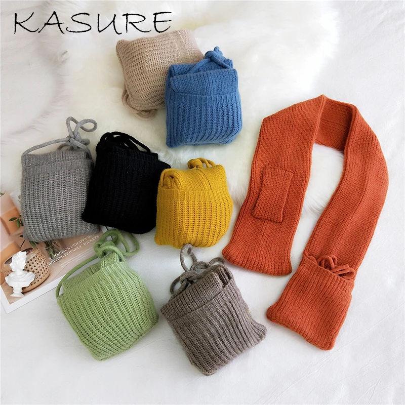

Kasure 2020 New Winter Knitted Crose Women Scarf Candy Color Cute Sweet Plain Warmer Scarf With Pocket Small Size Thicken Scarve