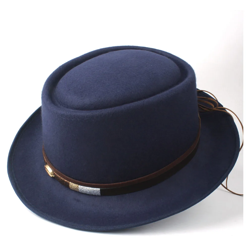 Unisex Men Women Pork Pie Hat With Belt Retro Trilby Hat Tea Party Hat Outdoor Casual Wool Flat Fedora Jazz Hat Size 58CM - Цвет: Dark Blue