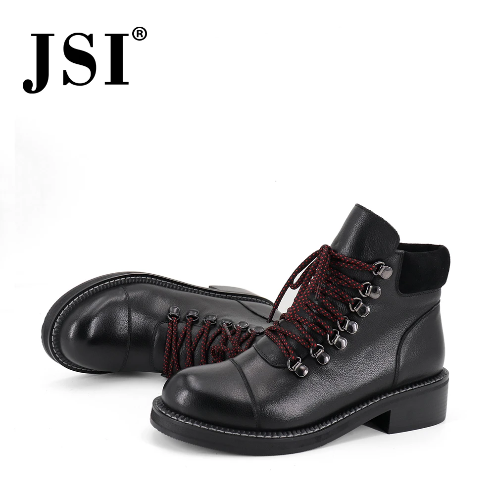

JSI Women Boots Round Toe Lace-Up Square Heel Med Heels Solid Genuine Leather Ladies Shoes Winter Ankle Basic Women Boots jc420