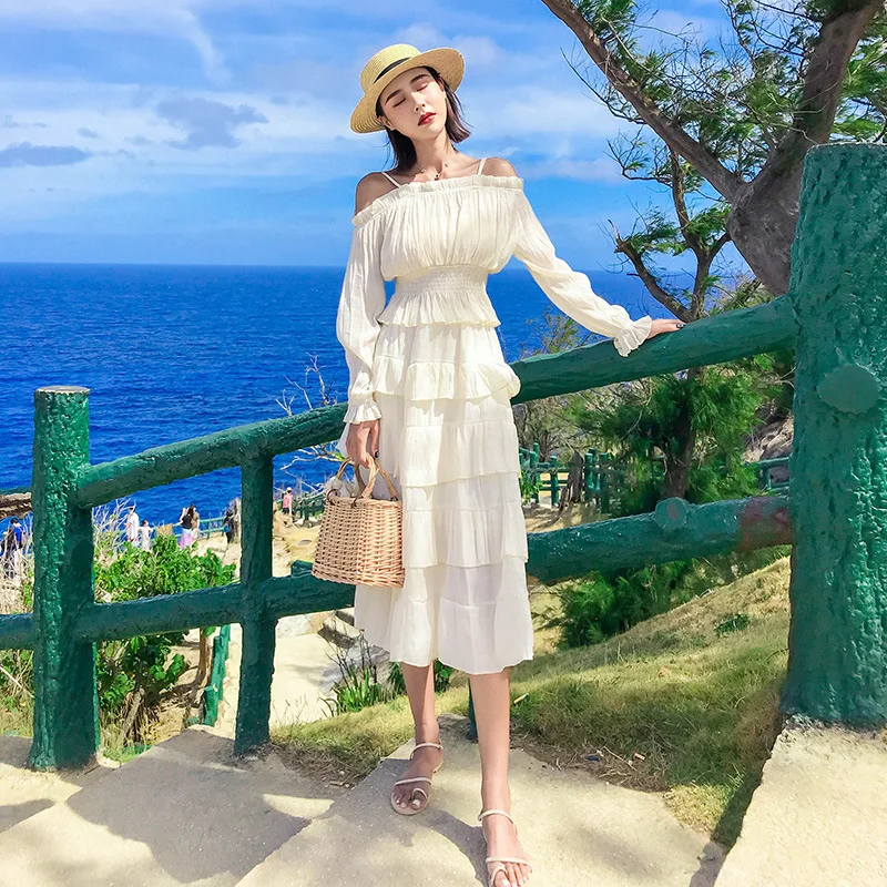 

2019 New Style Summer Wear for Women France Non-mainstream off-Shoulder Dress Two-Piece Set Holiday Skirt Cake Dress