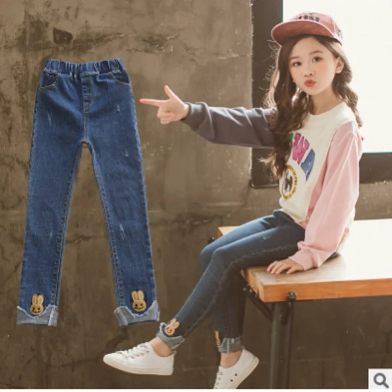 

Children's All-Match Jeans New 2019 Autumn and Spring Kids Rabbit Trousers Girls Pants Denim 2 Solid Colors Size4-14 Jeans ly481