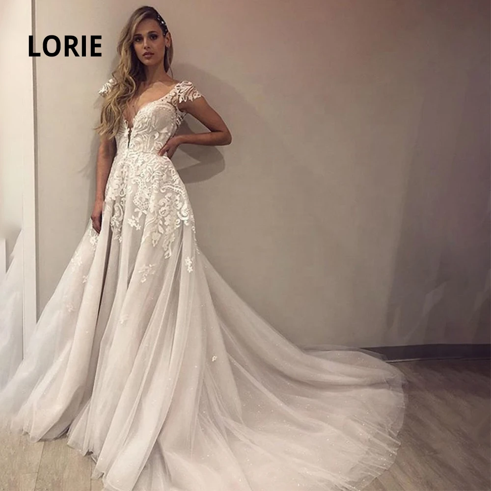 

LORIE V-neck Cap Sleeve Wedding Dresses Lace Appliqued Shiny Tulle Backless Bridal Gowns Beach Ivory Robe De Mariage Plus Size
