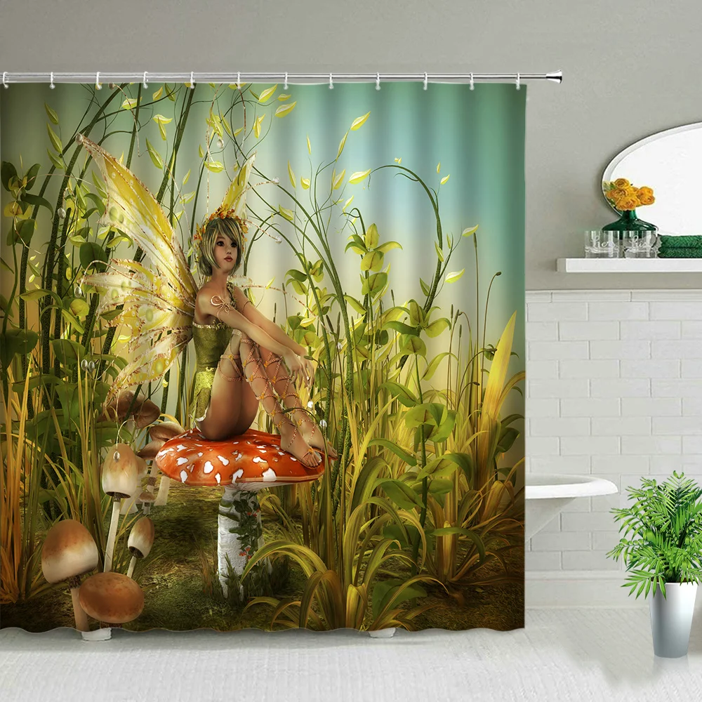 

Beautiful Wing Elves Girl Shower Curtain Set Fantasy Enchanted Forest Home Bathroom Decor Mushroom Flower Plant Hanging Curtains