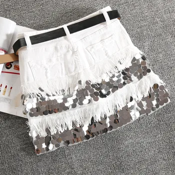 

White Denim Skirt for Women Female Summer Jeans Skirt Package Hip Slim Fit Fashion Sequined Skirts Jupe Femme