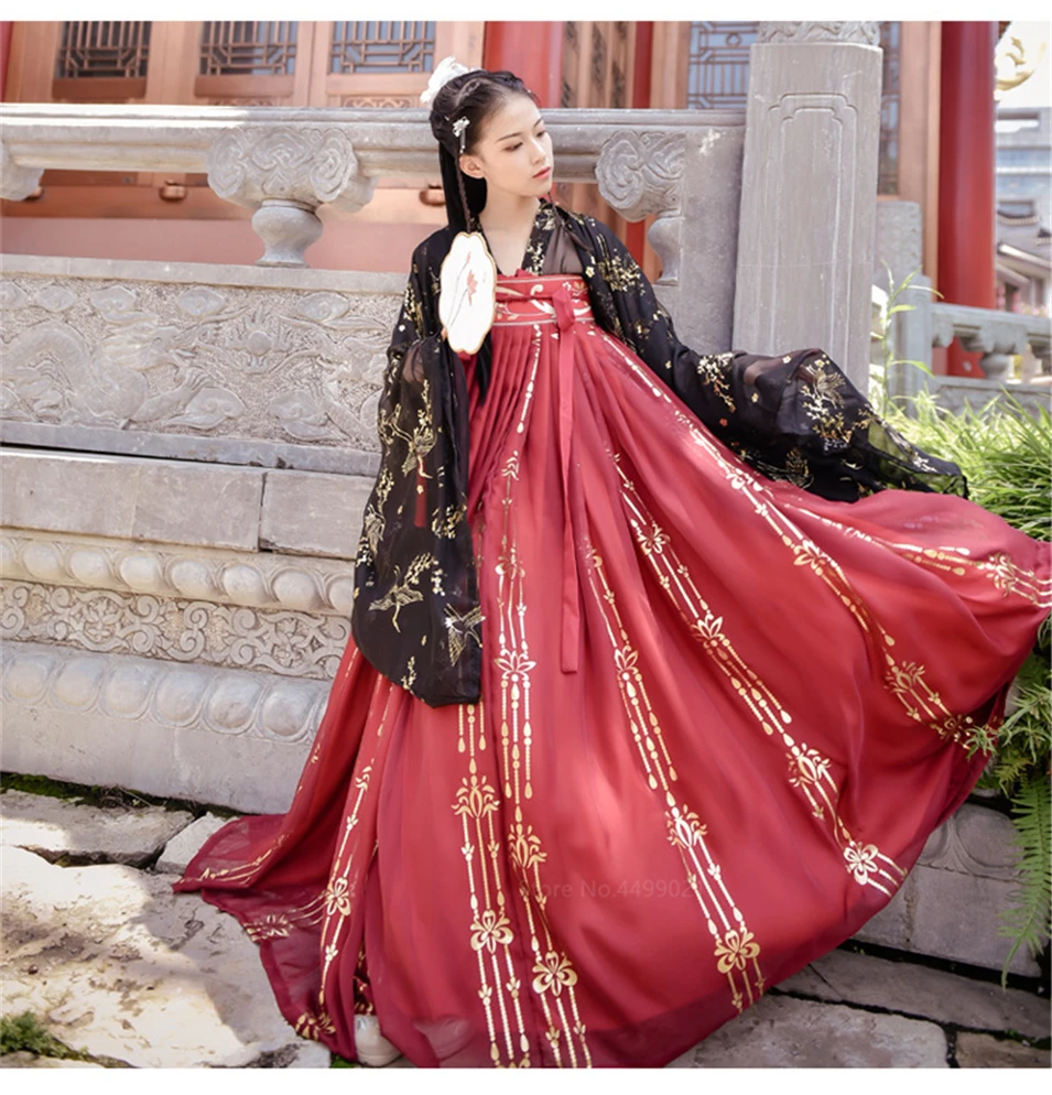 Старинное нарядное традиционное торжественное платье принцессы Hanfu для женщин и девочек; комплект из топа с принтом золотого журавля и красной юбки в стиле ретро для народных танцев
