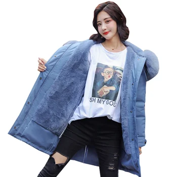 

2019 Casual Woman Winter Jacket Long Sleeve Thick Coat Hooded Coat Big Yards Winter Jacket High Rabbit Wool Coat Down Parka