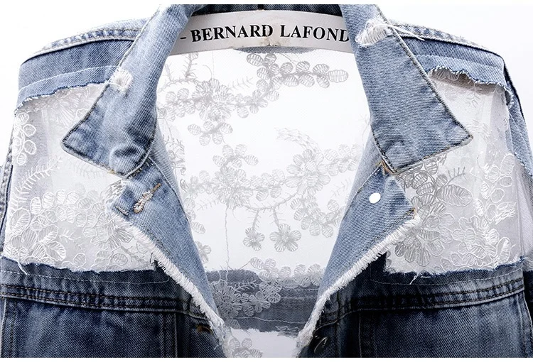 Chaqueas Mujer Estate Primavera Sreewear Ricamo Pizzo Pachwork Sexy Giacca di jeans Donna Jeans larghi con nappa sfilacciata_voghion.com