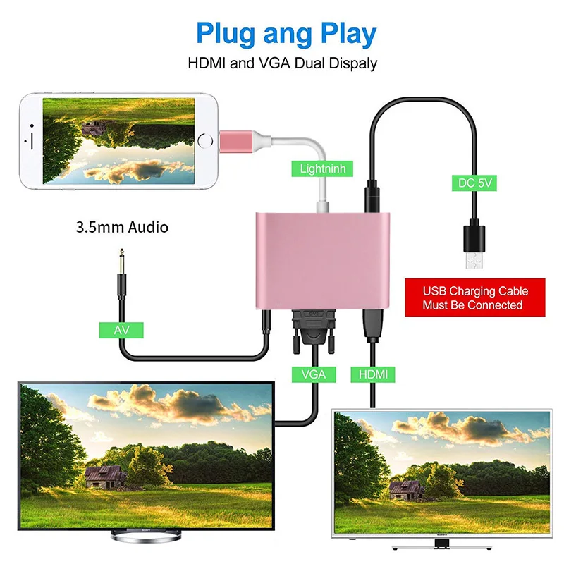 Для Lightning/HDMI VGA Jack аудио адаптер конвертер совместимый для iPhone X, для iPhone 8 7 7 Plus 6 6S для iPad серии