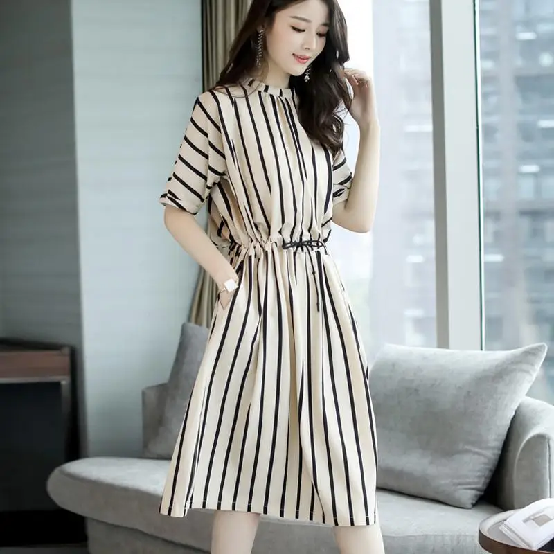 

Yiwa Women Girls Elegant Stripes Pattern Tight Waist Dress Breathable Wear Resistant Short Sleeve Women's Clothing 2019