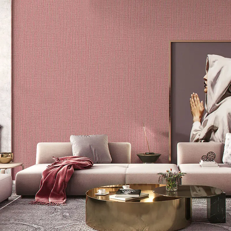 Nordic Solid Color Lovely Pink Bedroom Decor Wallpaper Linen Non Woven Rose Red Waterproof Girls Room Wall Paper Roll