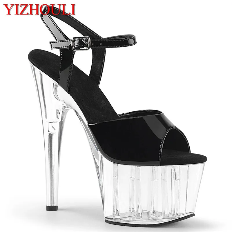 

The 17-centimeter-tall Roman sandals, with 7-inch crystal soles and open-toe shoes, feature models pole dancing