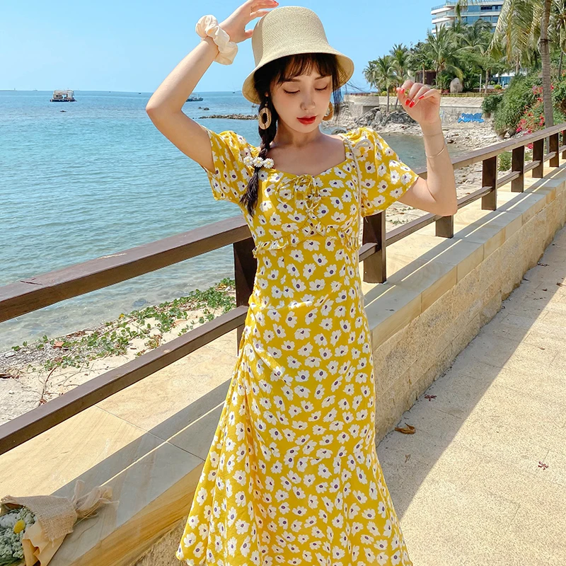 

Midi Floral Chiffon Women Dress Summer 2020 Runway Slim Vintage Korean Party Dress Elegant Boho Tropical Beach Vacation Dresses