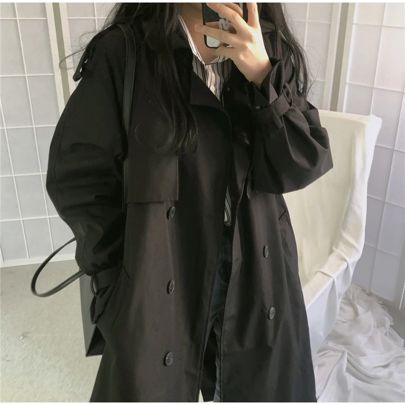 Women Trench Double Breasted Long Style Coats Korean Turn Down Collar Belt Long Female Windbreaker Casual Ladies Autumn Overcoat