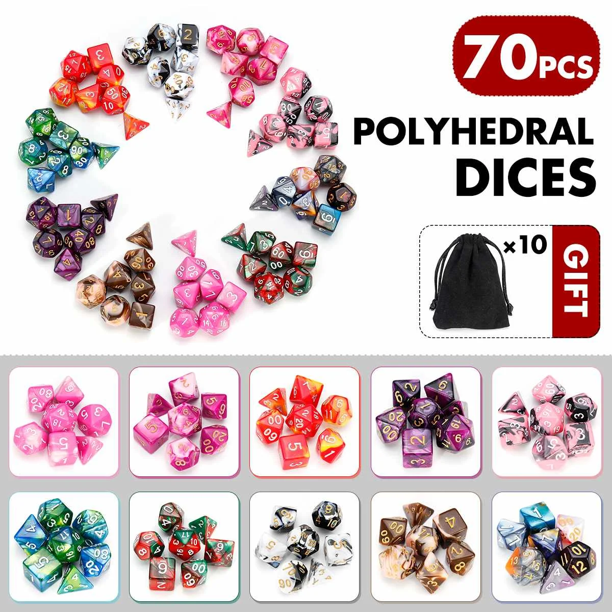 

70 Pcs Wholesale For RPG Game Dice Colorful Multicolor Dice Mixed White D4 D6 D8 D10 D12 D20 Board Game Dice Set