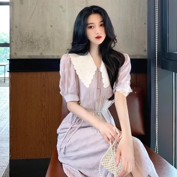 

Purple Doll Collar French Dress Women's 2020 New Slim Temperament Skirt Summer Waist Hugging Sweet Dress