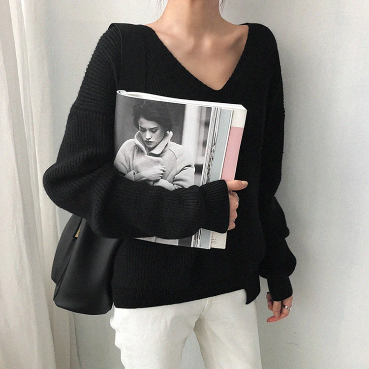 Новинка осень зима женские свитера с v-образным вырезом минималистичные топы Модный корейский Стиль Вязание повседневные однотонные