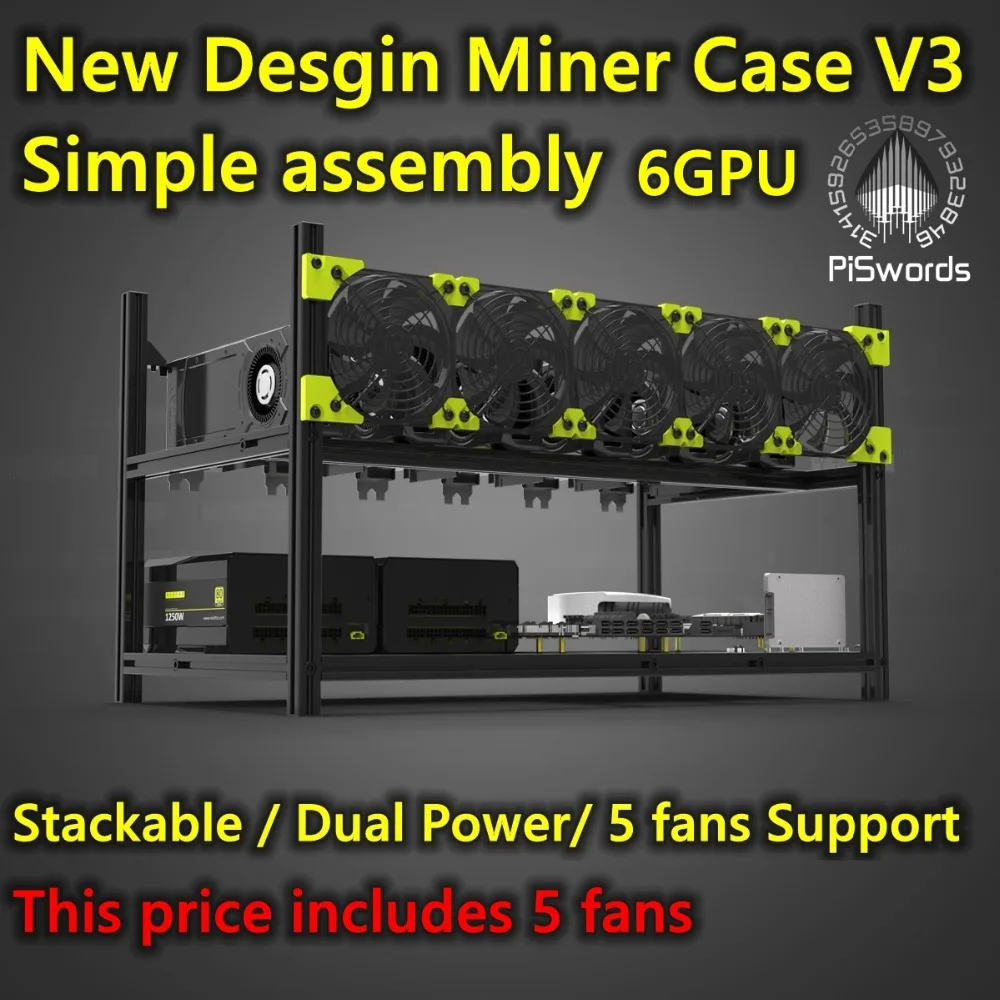 Miner Case Mining Rig Aluminum Stackable Open Air Case With 5fans ETH Frame Rig For 6gpu Bitcon Bitcoin Kit Unassembled Ethereum