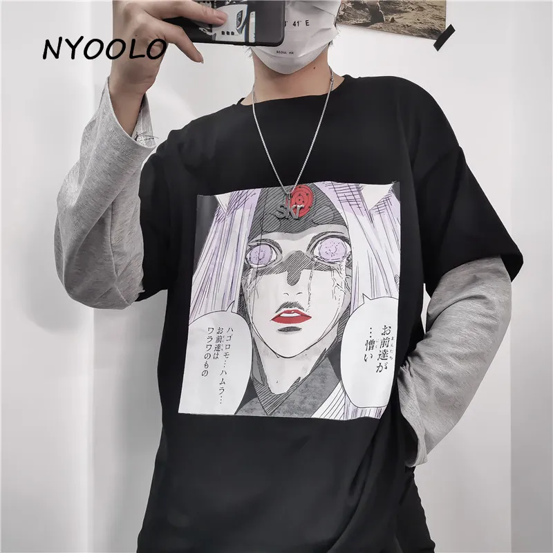 NYOOLO Harajuku уличная комикс буквенный принт поддельные два предмета Лоскутные толстовки осень длинный рукав пуловер Толстовка для женщин и мужчин - Цвет: Черный