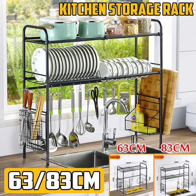 New simple stainless steel double-layer kitchen dish rack 90cm long black