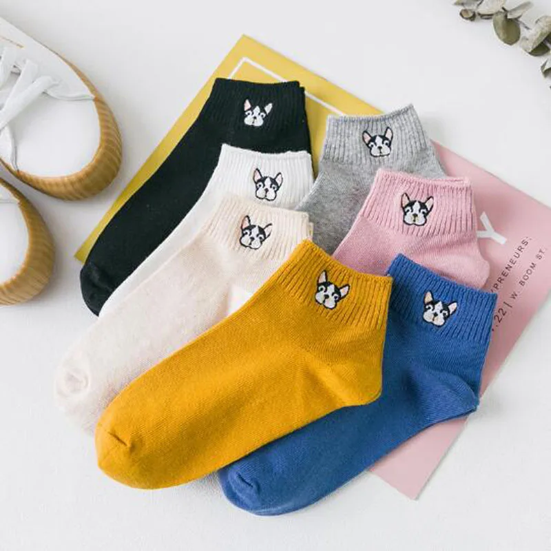 Хлопковые носки для женщин, милые короткие носки с вышивкой в виде собаки, женские носки в стиле Харадзюку, повседневные носки с героями мультфильмов на осень и зиму