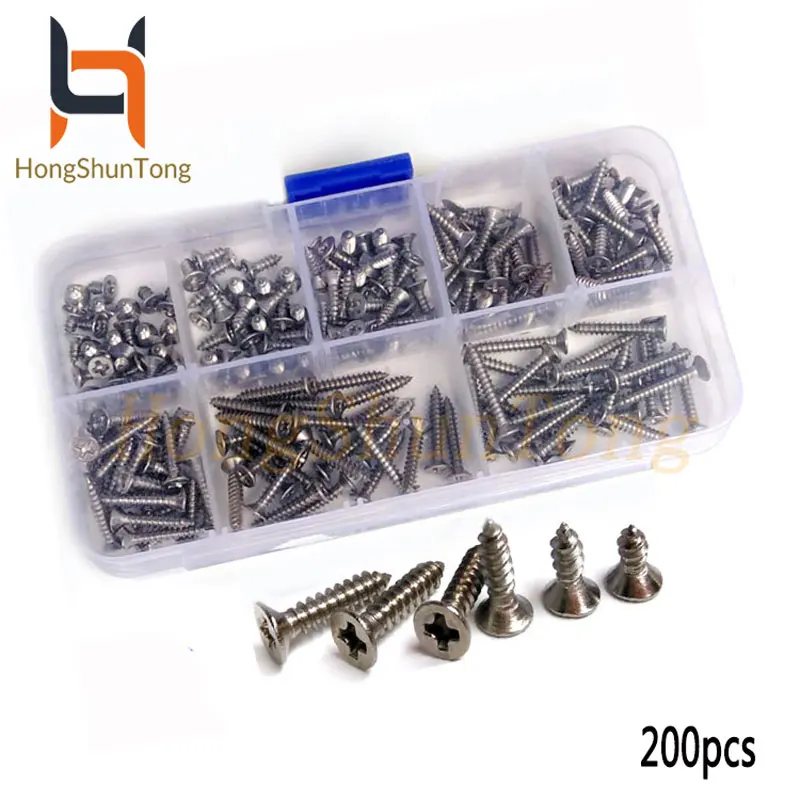 

200Pcs M3 304 Stainless Steel Flat Head Screws High strength Self-Tapping Phillip Screws set Assortment Set For Wood Furniture