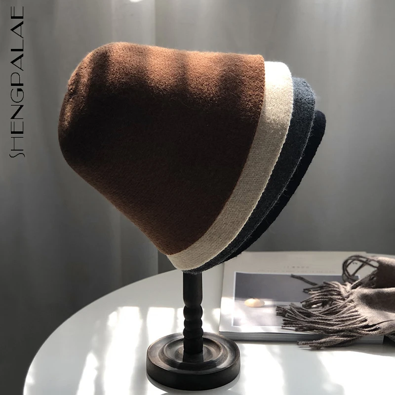 SHENGPALAE Korean Fashion Chic Solid Color Rib Knitted Beret Women's Autumn 2021 New Temperament Bucket Hat Female Tide 5E5695 |