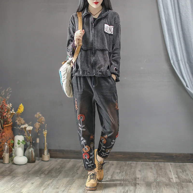 

Origional WOMEN'S Dress Large Size Loose-Fit Stand Collar Denim Jacket Artistic Long Sleeve Short Coat Retro Tops Autumn