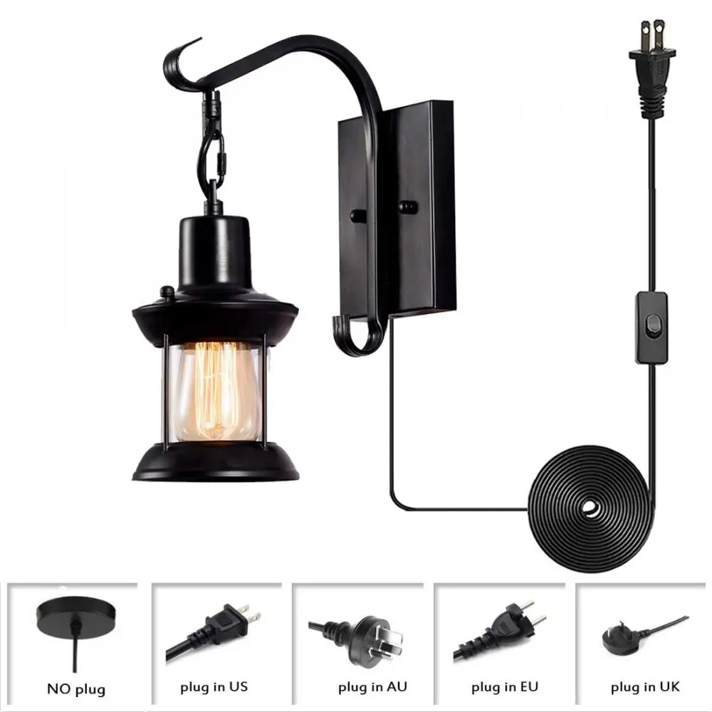 RusticBlackWallLightFixturesVintageWallLightPlugInCordand