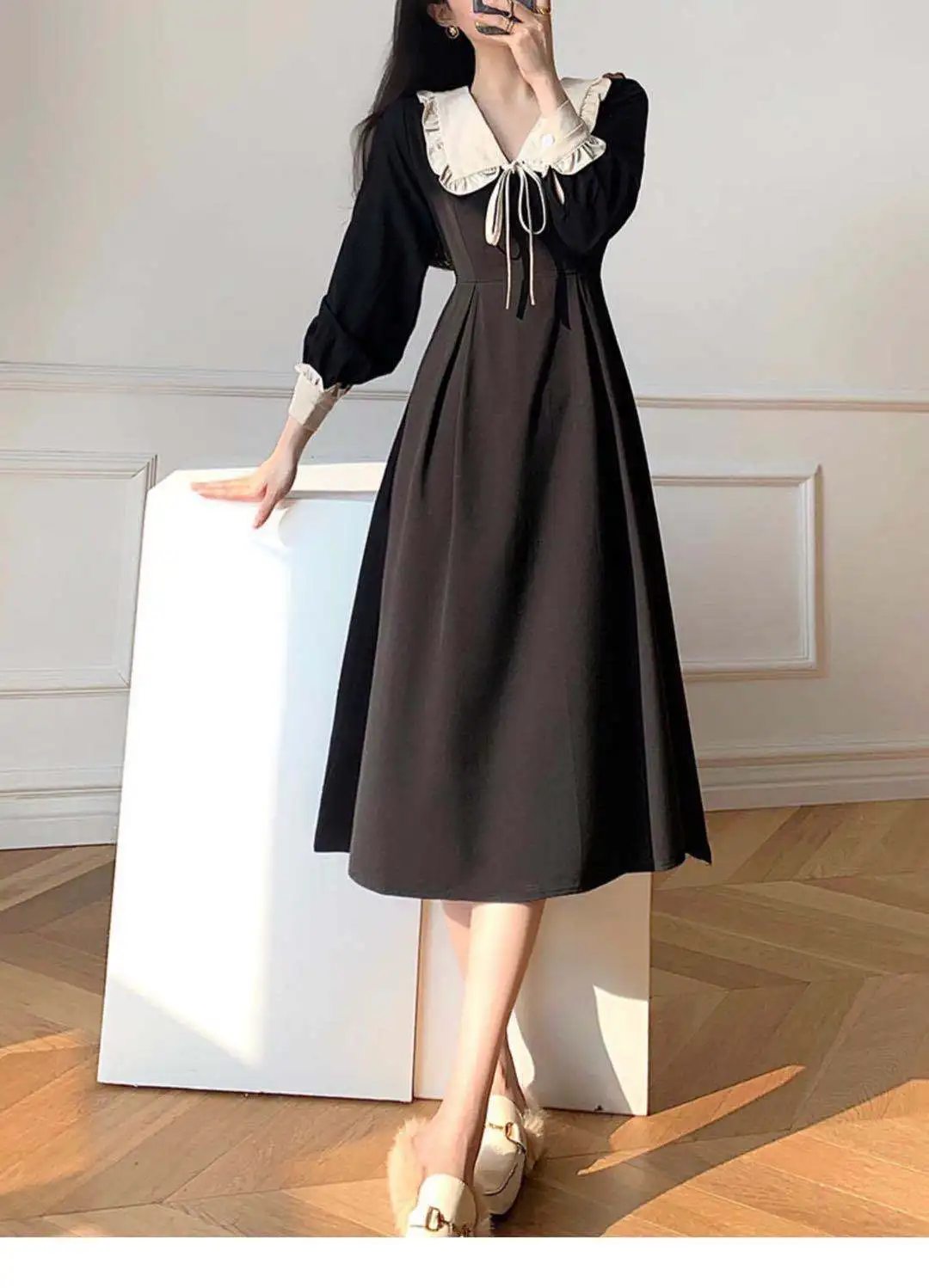 Long Sleeve Dress Womens High Waist Slim Simple Vintage Spliced Bow Sweet A-line Elegant Mid-Calf Korean Style Female Chic New long dress