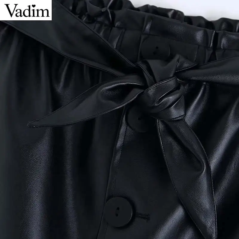 Vadim Женская шикарная юбка миди из искусственной кожи с поясом-бабочкой и карманами, Повседневная модная юбка с эластичной резинкой на талии BA845