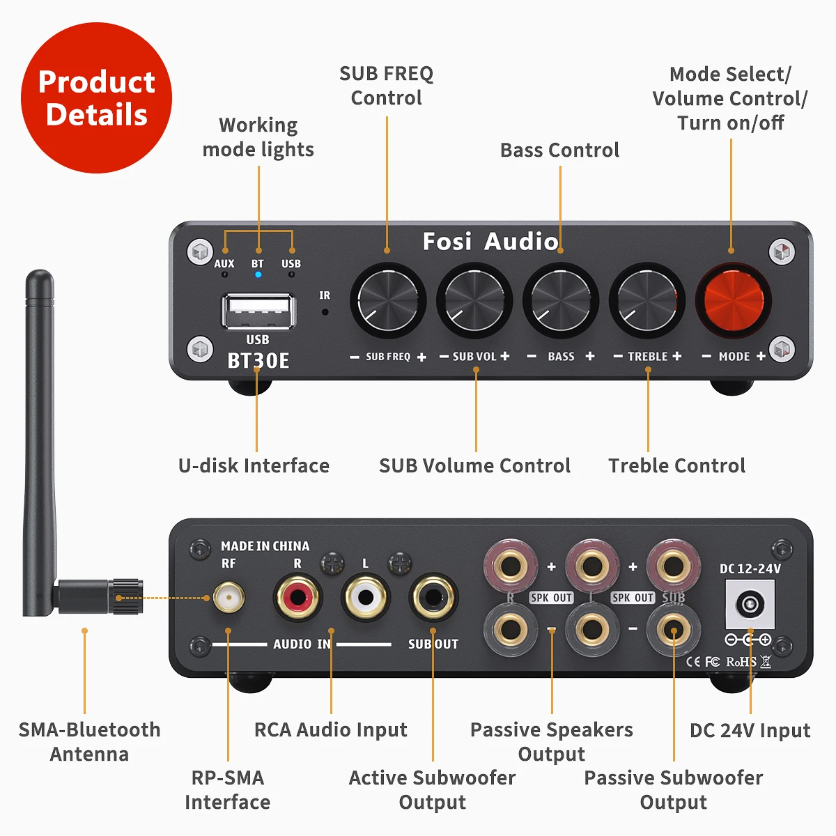 Fosi Audio Bluetooth Power Amplifier U-Disk Player 2.1 Channel BT30E Amplifier Audio Subwoofer For Home Theater 50W x2