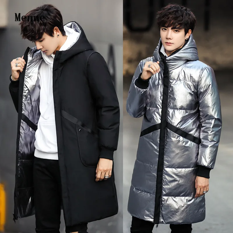 Мужская зимняя куртка, Мужская зимняя Новинка, Двусторонний пуховик, длинная Корейская версия пухового пальто с капюшоном