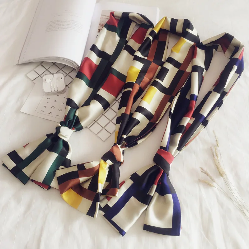 

2019 New 15*145CM Double-deck Two-sided Printing Twill Small Bind Bag Handle Imitate Silk Scarf Ribbon Hair Band Women Scarves
