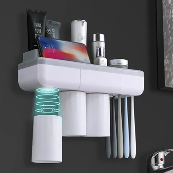 

Toothbrush Holder Storage Rack Bathroom Accessories Sets with Dustproof Cover Toothpaste Magnetic Adsorption