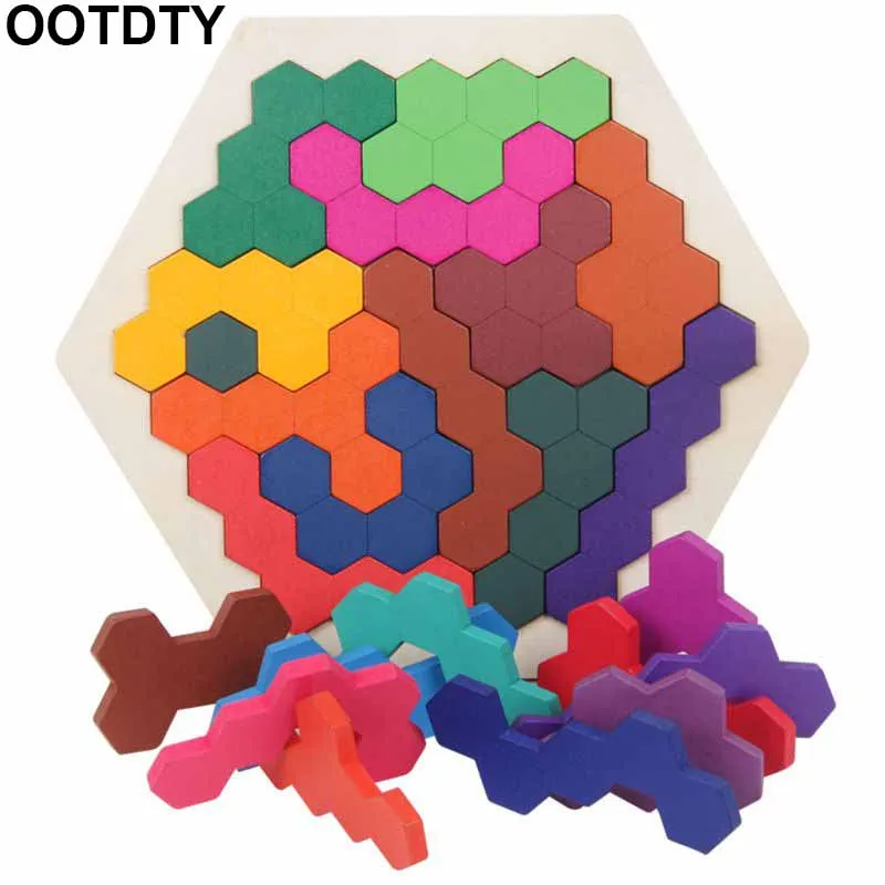 

Wooden Puzzles Brain Teasers for Kids Adults Hexagon Fun Geometry Logic Tangrams Puzzle Table IQ Game Montessori Educational Toy