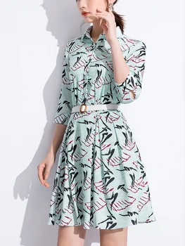 

Blue Shirt Dress 2020 nian New Korean Version of the Print Long-Sleeve Little Waist Slimming by Age A- line Dress