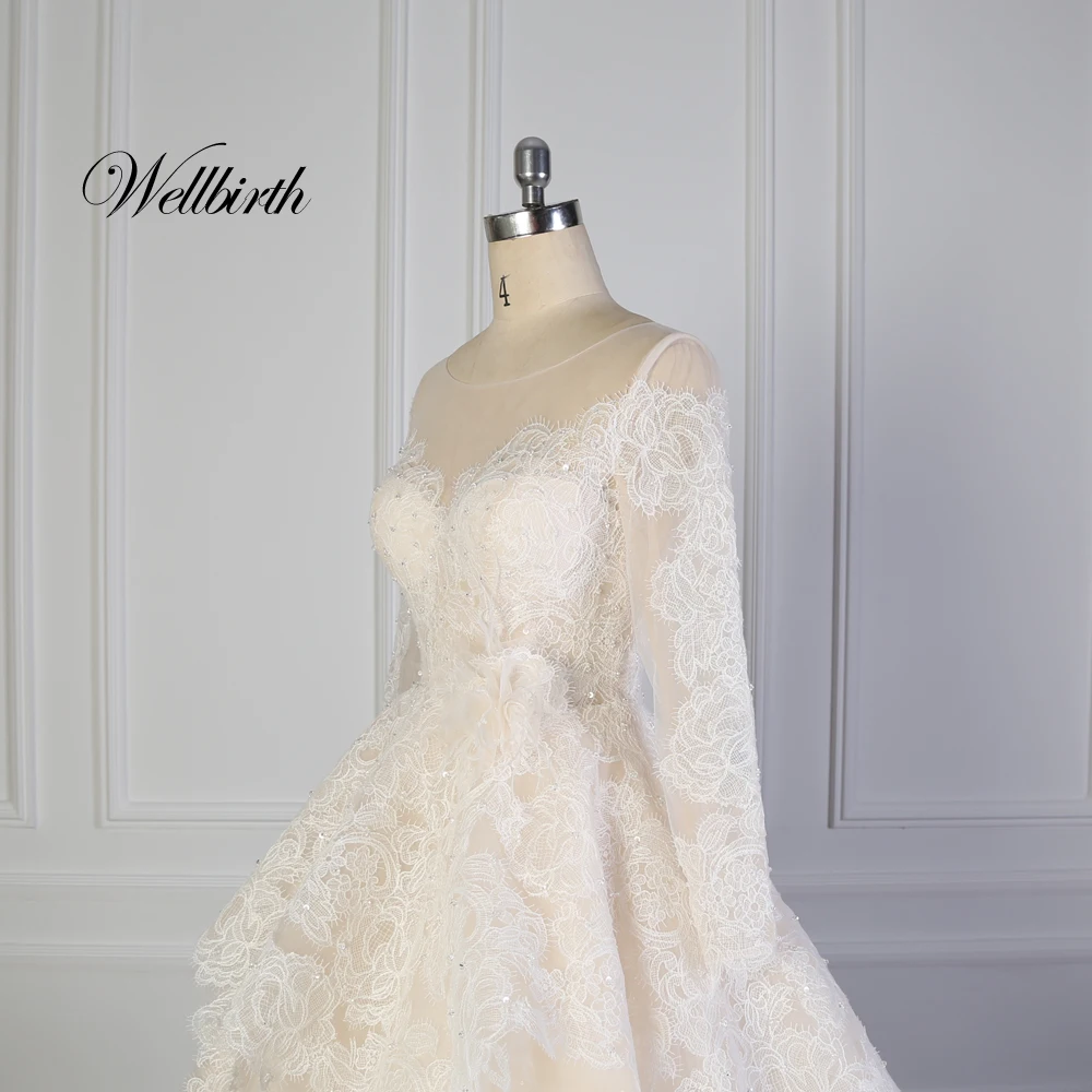 Реальное изображение Wellbirth Vestido de novia милое кружевное бальное платье трапециевидной формы с бисером свадебное платье с длинными рукавами TT006