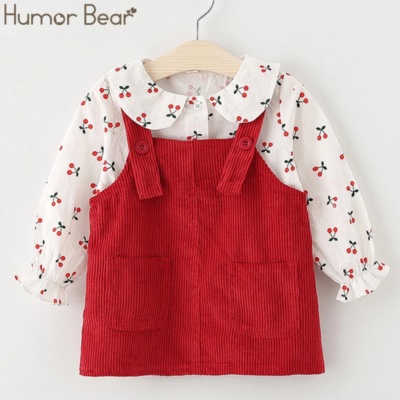 Humor Bear/Коллекция года, осенний комплект одежды для маленьких девочек весенний комплект одежды для детей осенняя рубашка с цветочным рисунком+ милое платье на бретелях Одежда для младенцев из 2 предметов
