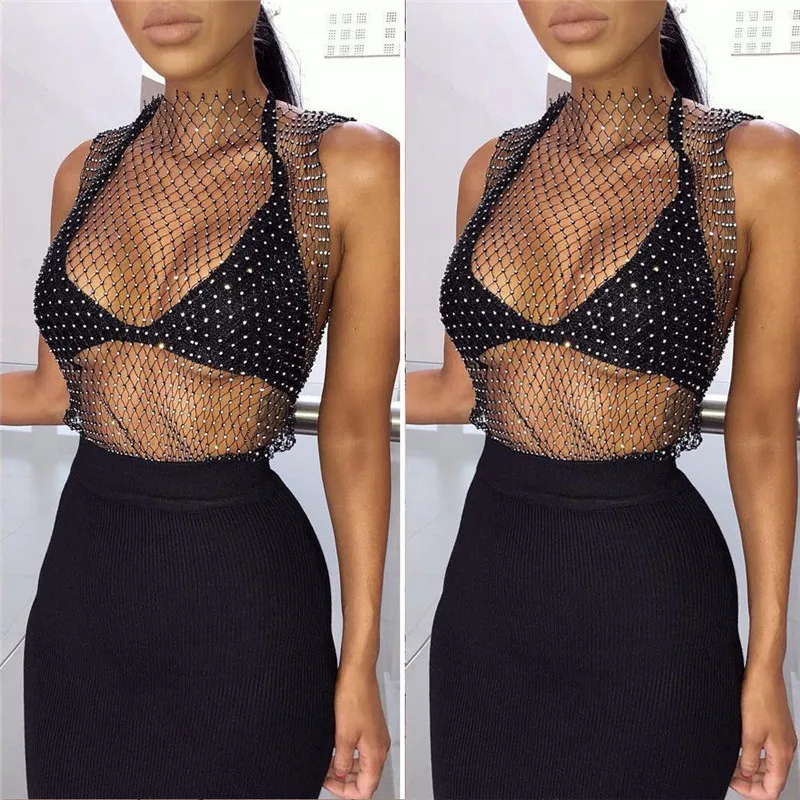 

Sexy Women Sleeveless Crop Tops Mesh Rhinestone Party Cocktail T-shirts