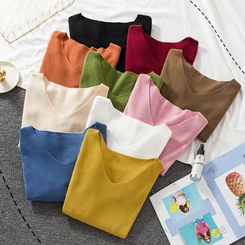 

2020 V-Neck Autumn Winter Pullover Fashion Sweater Women Knitted Long Sleeves Sweater Pull Femme Jumper Tops Green Beige White