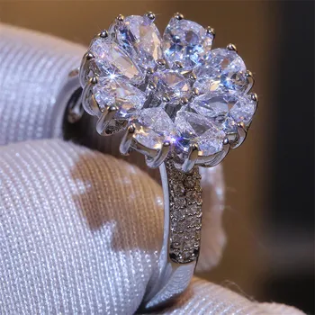 

WUKALO S925 Silver Luxury Female Big Crystal Flower Ring Fashion Engagement Rings For Women Elegant Zircon Wedding Band Rings