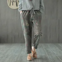 Осенние джинсы в стиле ретро, свободные джинсовые штаны с принтом, новые повседневные женские джинсовые брюки с эластичной резинкой на талии и цветочным принтом, большие размеры, Mori girl