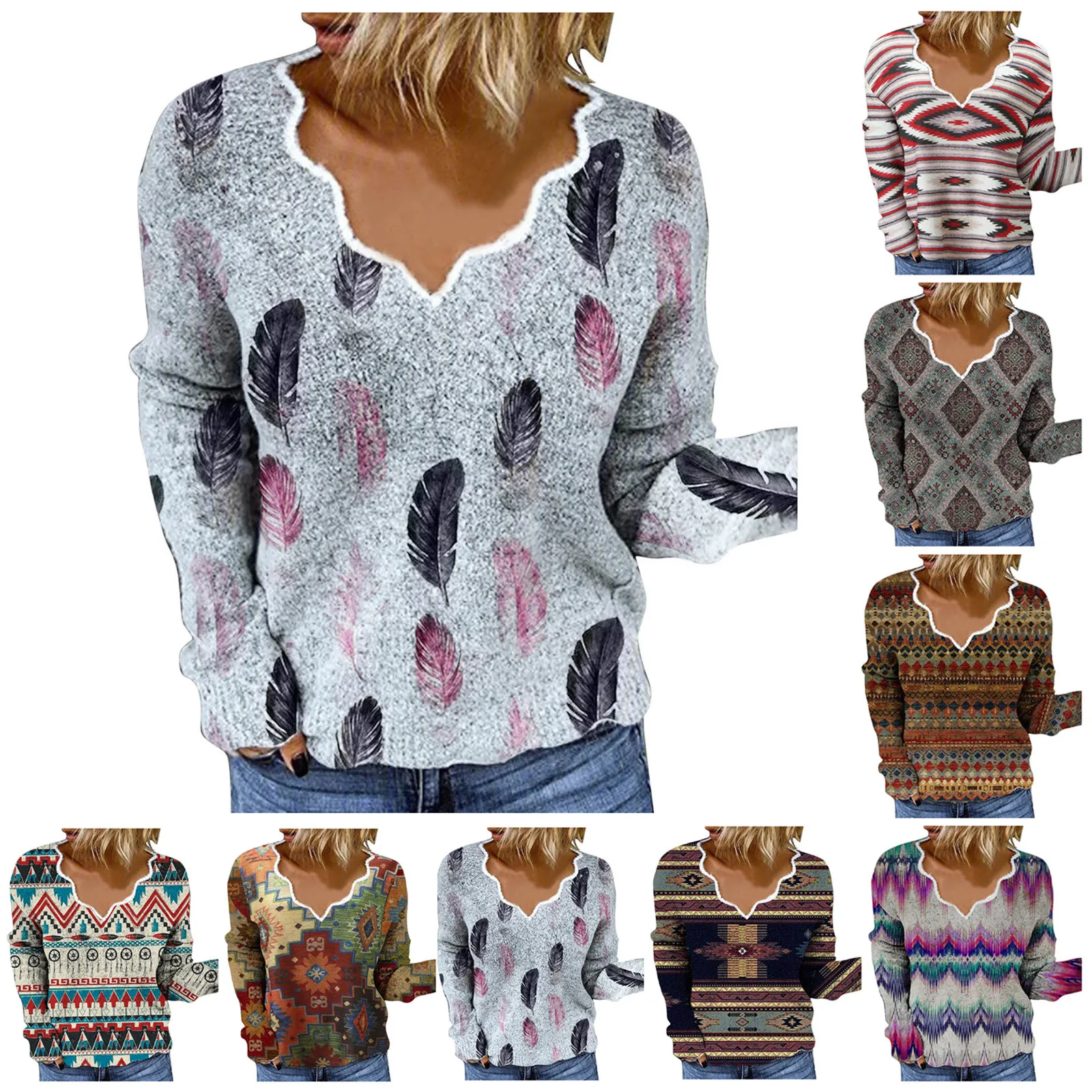 Women's Wool Thread Embroidered Pullovers V-neck Printed Loose Pullovers Long Sleeve Top Sueter Mujer Invierno 2021 1