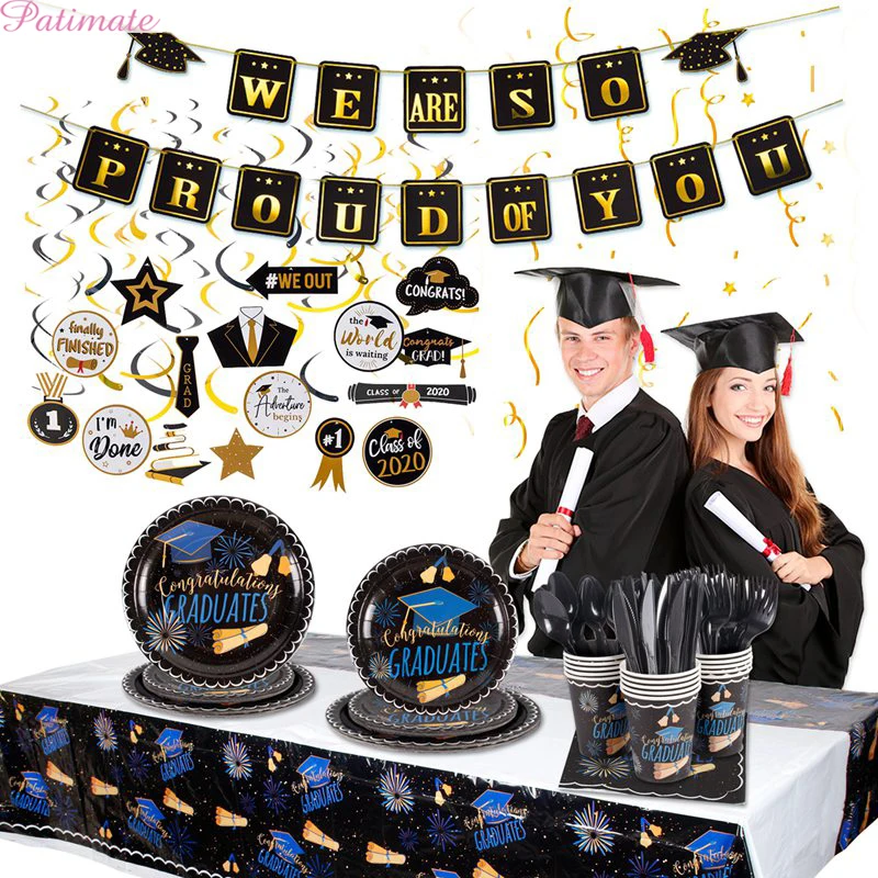 

PATIMATE Graduation Party Disposable Tableware Set Graduation 2020 Party Decor Congrats Banner Graduation Balloons Photo Booth