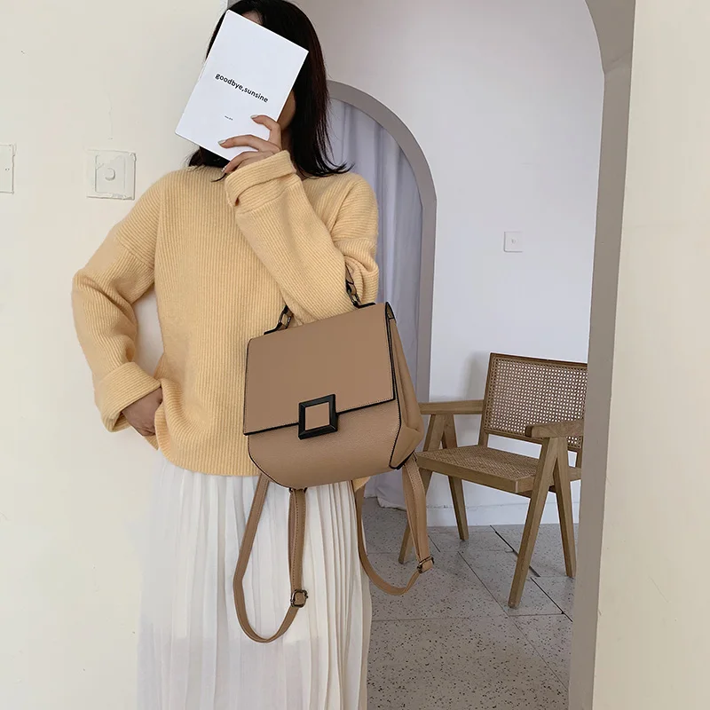 Women's PU Leather Backpack Door Lock Bag Casual Simple Double Shoulder Student Backpack Fashionable Large Capacity Travel Bag