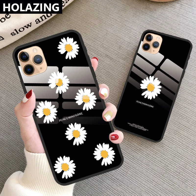 

Case For iPhone SE 2020 Daisy Pattern For iPhone 11 Pro Max XR XS 6 6s 7 8 Plus Tempered Glass Soft TPU Back Cover Phone Cases