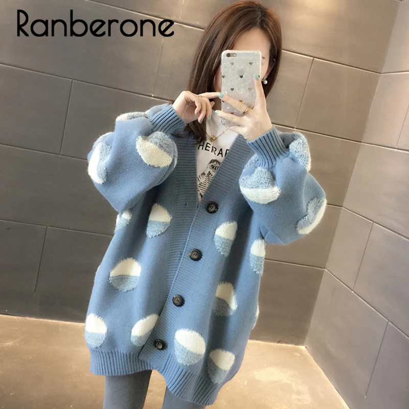 Ranberone, длинный кардиган, свитер, женские вязаные куртки, Свитера больших размеров, пончо, на пуговицах, в горошек, свободные, женские кардиганы, зима